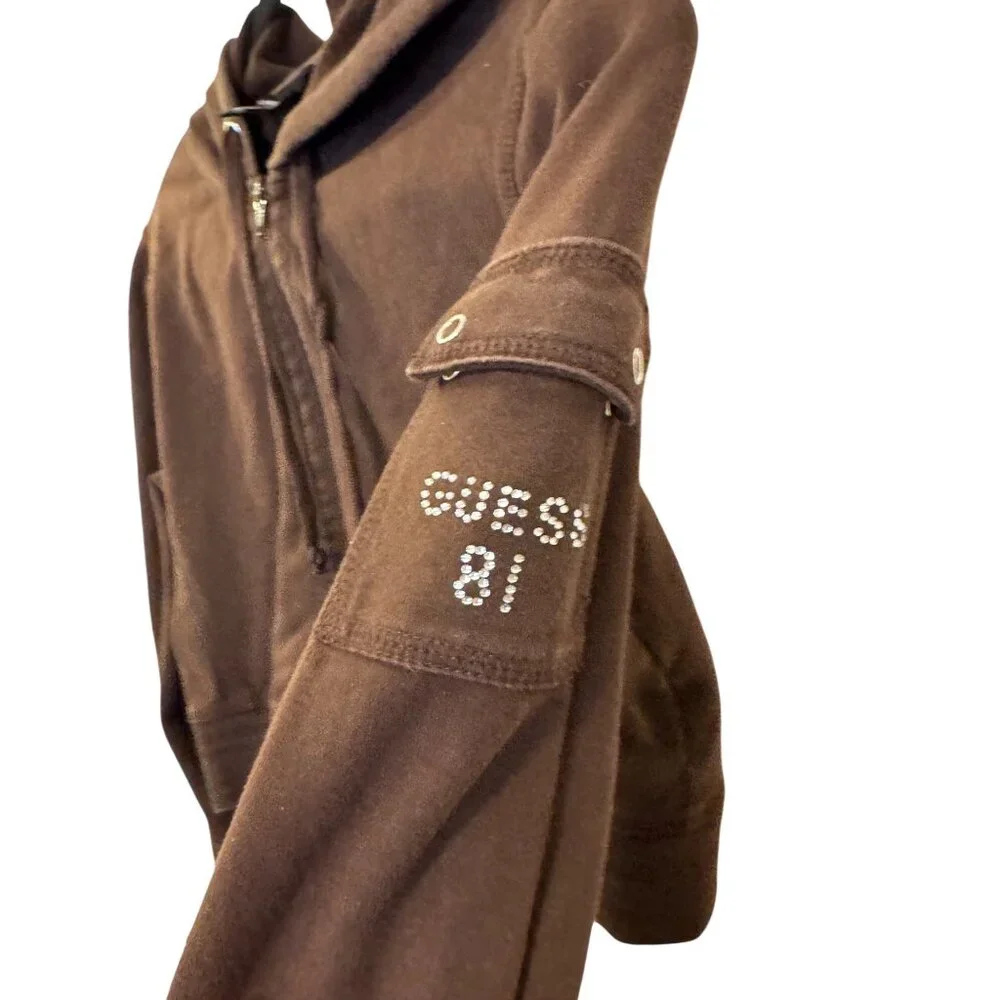 Vintage Guess Jeans Womens Brown Cropped Hoodie Rhinestone Detail Size L